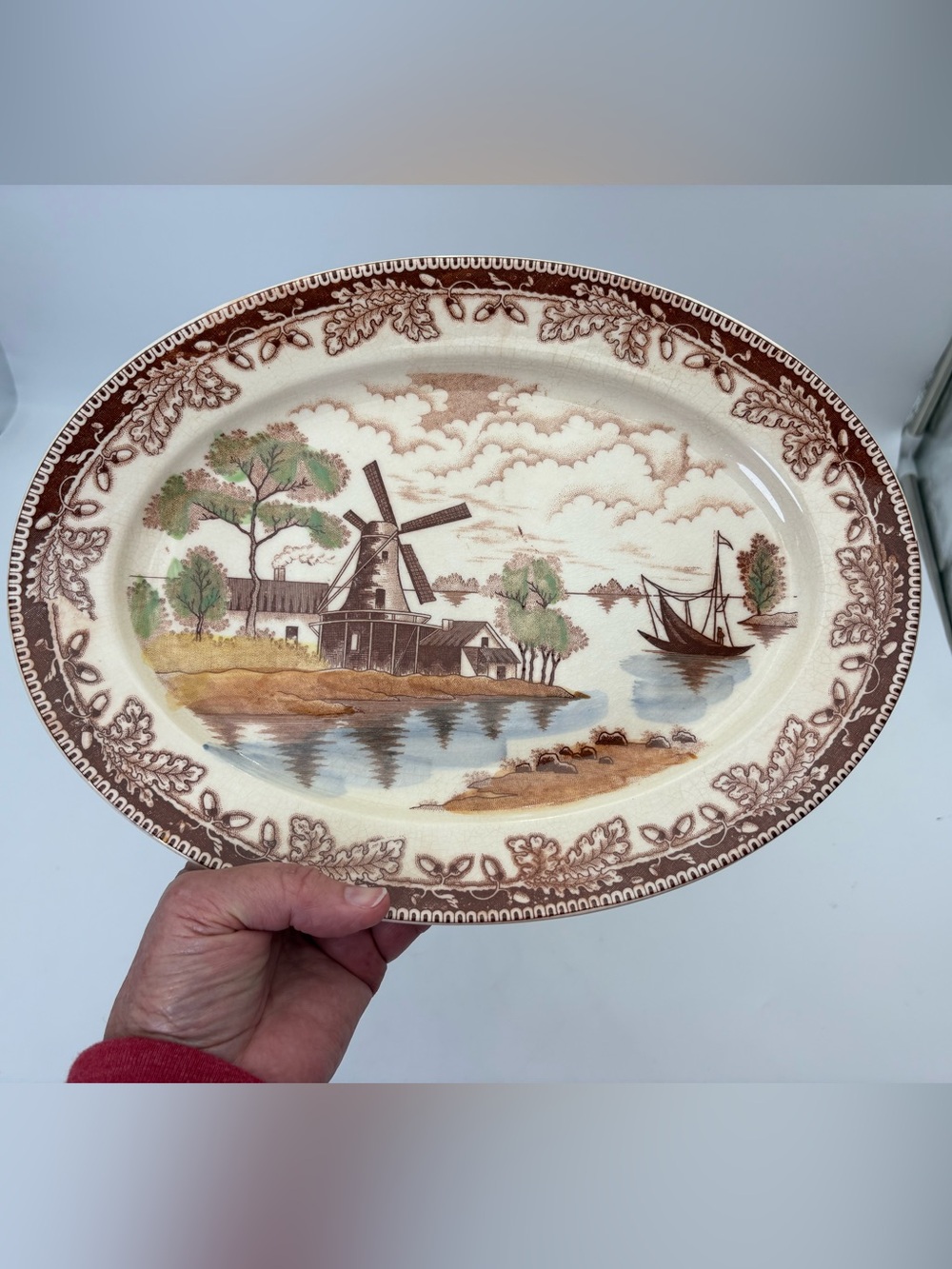 Vintage Scenic Holland Windmill Transferware Platter in Brown and Cream